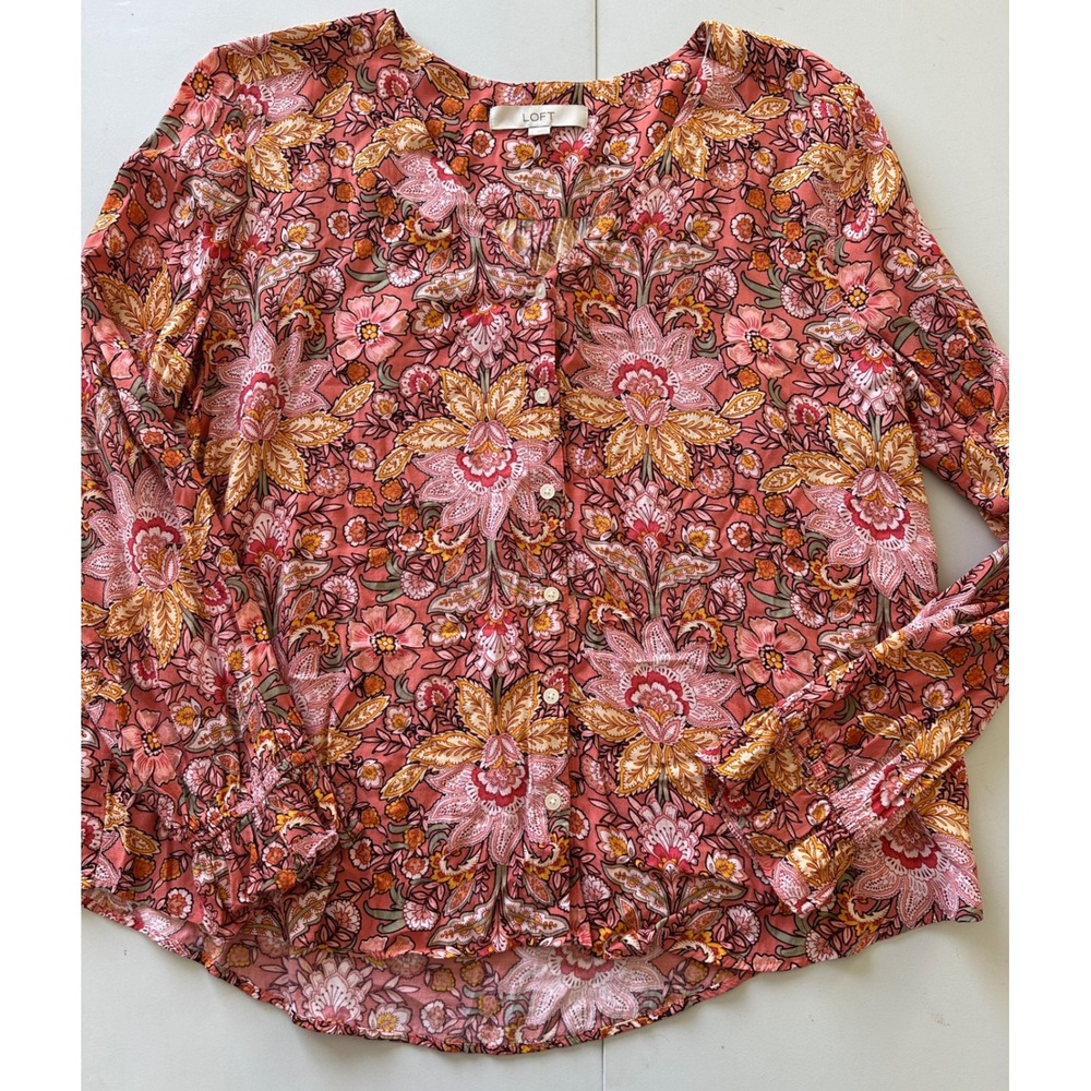 LOFT Womens Large Pink Orange Floral Paisley Viscose Button Down Blouse Top